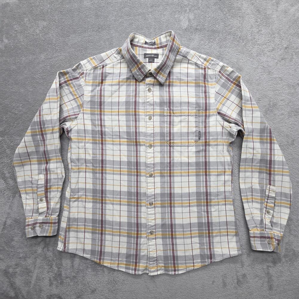 Eddie Bauer Shirt Mens L White Plaid Flannel Button Up Classic Fit Long Sleeve